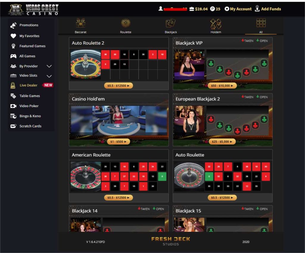 vegas crest live casino games